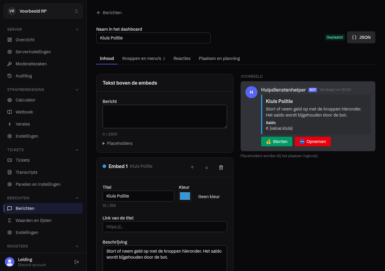 De bouwer met rechts het voorbeeld zoals in Discord