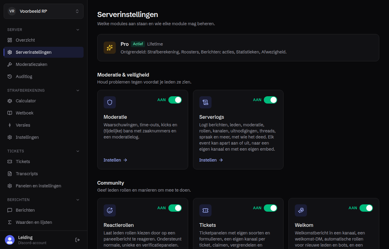 Serverinstellingen met de Pro-licentie en de modules per categorie