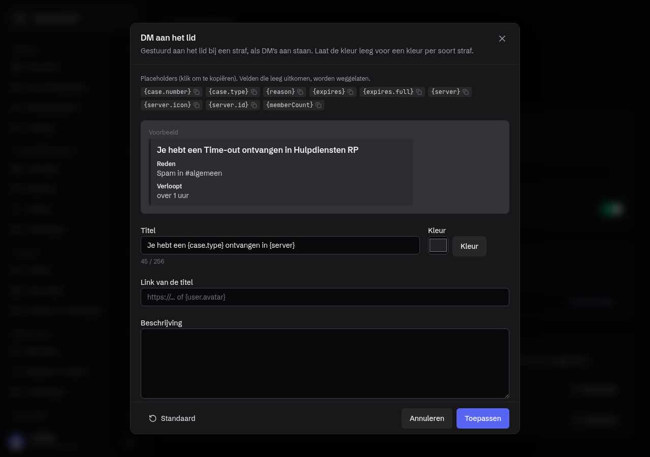 De editor van de straf-DM, met placeholders en voorbeeld