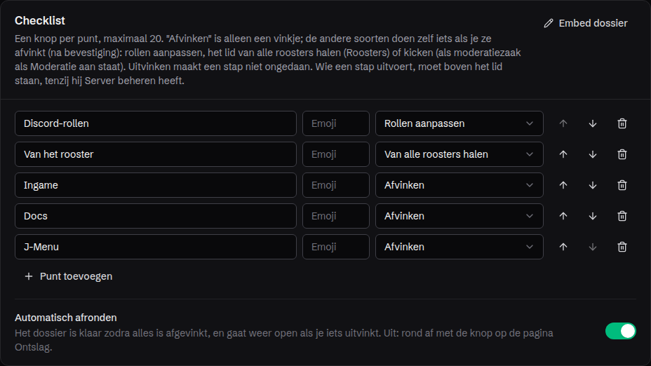 De checklist instellen, met per punt een soort