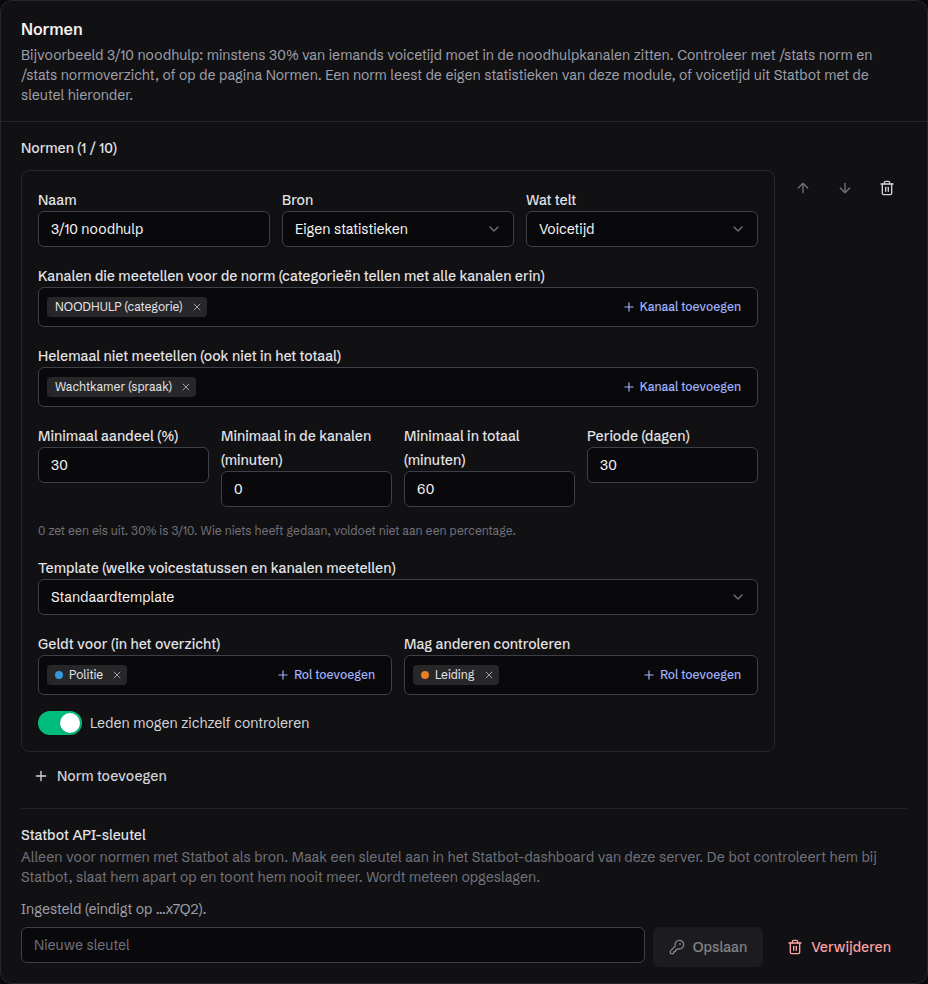 Een norm instellen, met de Statbot API-sleutel eronder