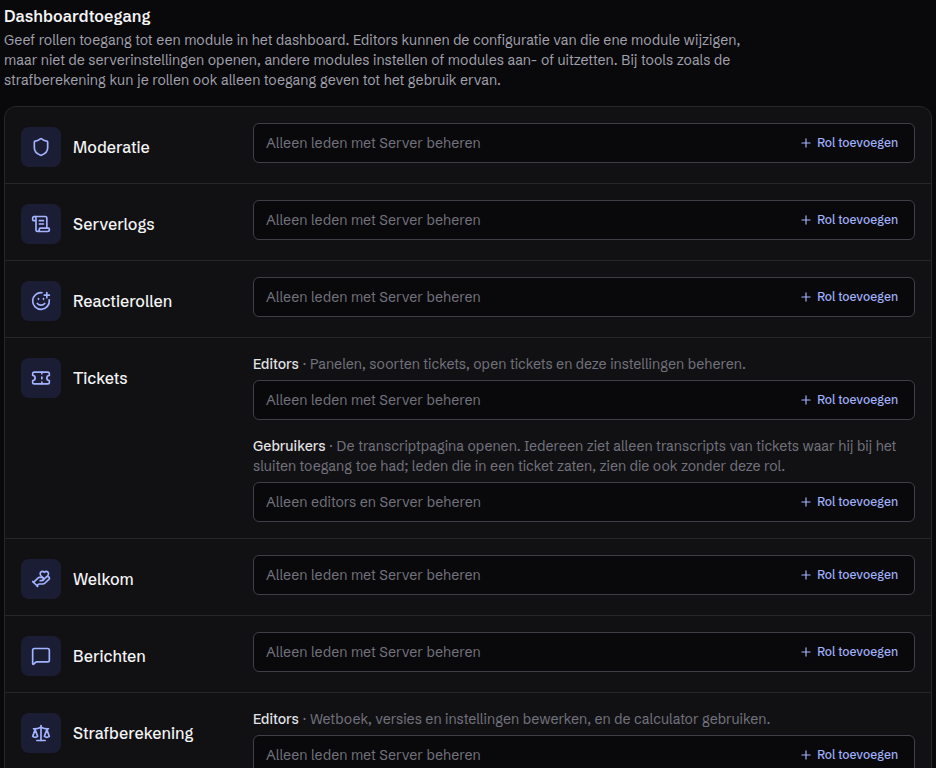 Dashboardtoegang: per module de editors en bij tools ook de gebruikers